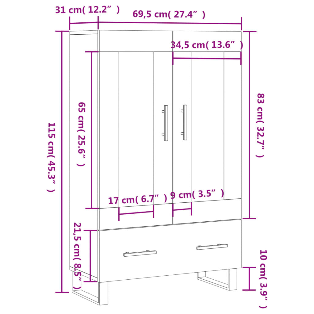 vidaXL Högskåp betonggrå 69,5x31x115 cm konstruerat trä