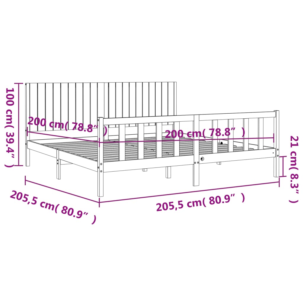 vidaXL Sängram med huvudgavel svart 200x200 cm massivt trä