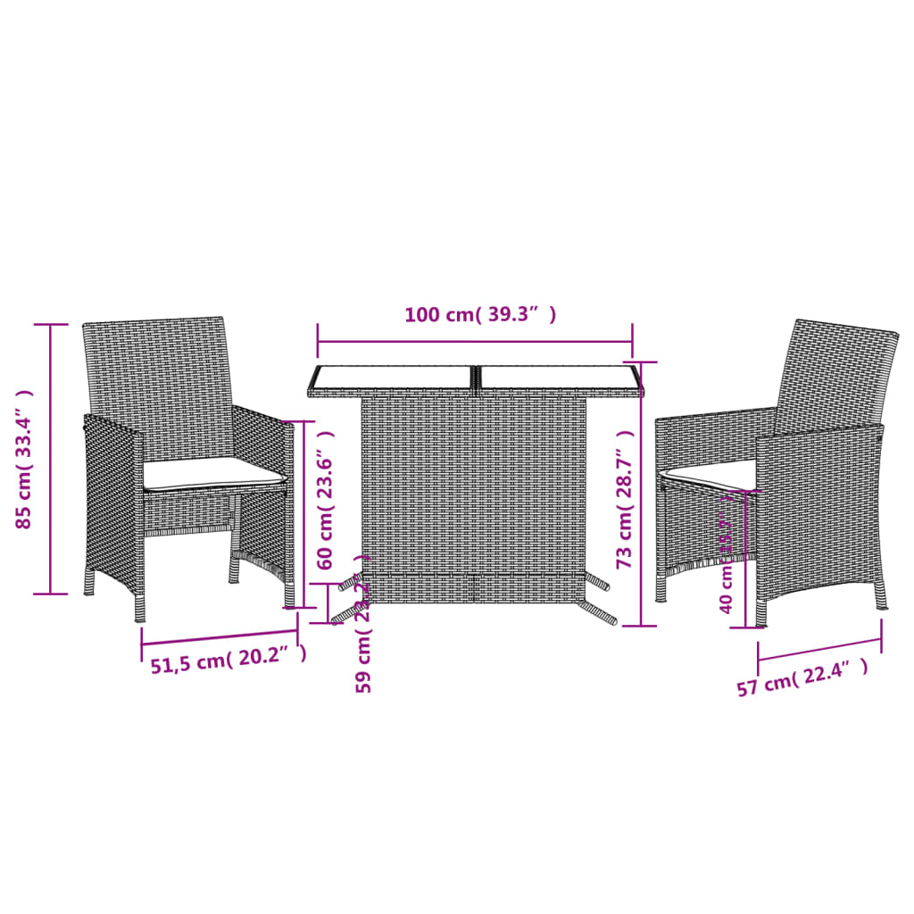 vidaXL Bistrogrupp med dynor 3 delar beige konstrotting