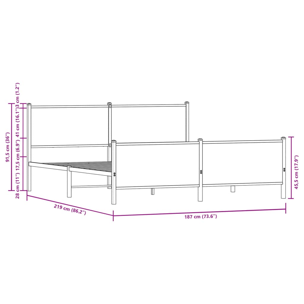 vidaXL Sängram utan madrass metall brun ek 183x213 cm