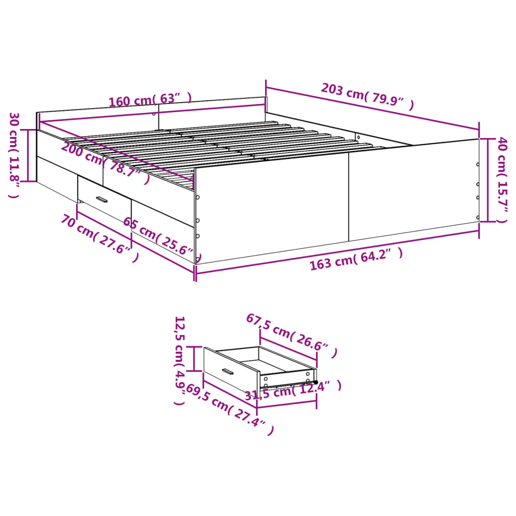 vidaXL Sängram med lådor vit 160x200 cm konstruerat trä