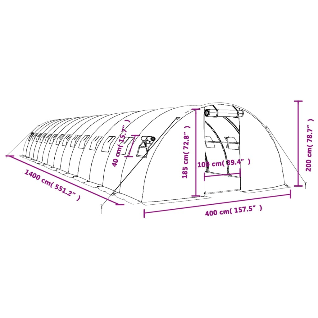 vidaXL Växthus med stålram vit 56 m² 14x4x2 m