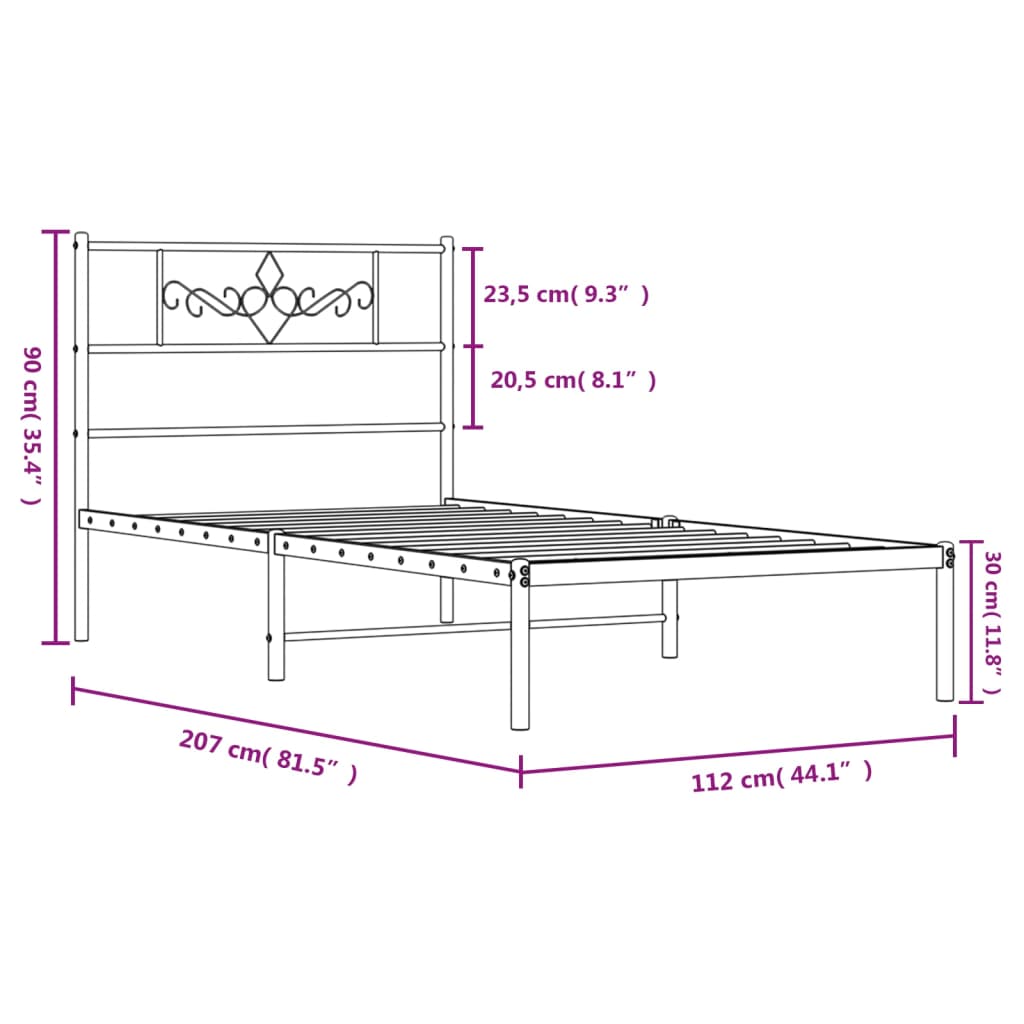 vidaXL Sängram med huvudgavel metall vit 107x203 cm