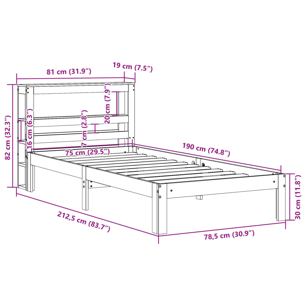 vidaXL Sängram med huvudgavel vit 75x190 cm massivt furu