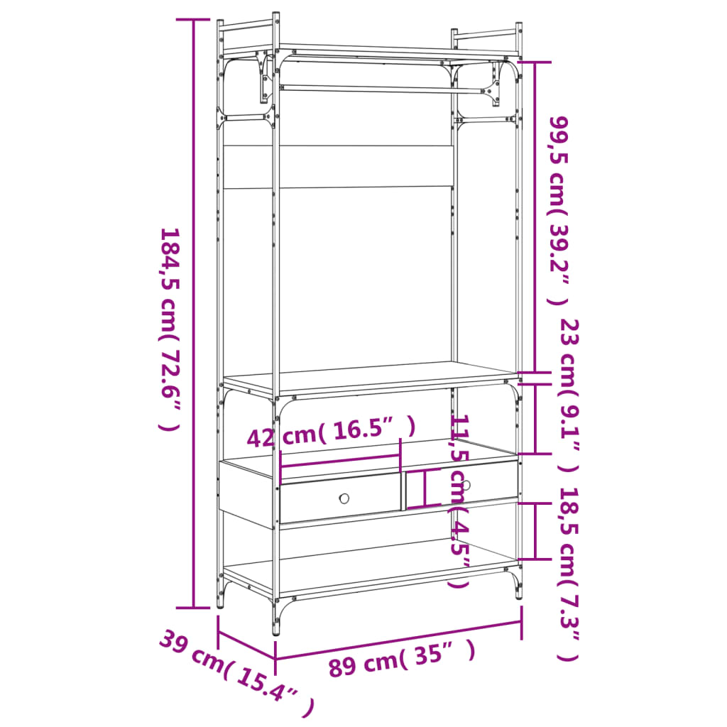 vidaXL Garderob med lådor sonoma-ek 89x39x184,5 cm konstruerat trä