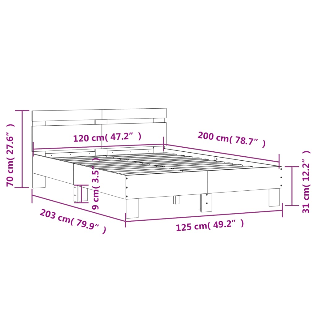 vidaXL Sängram med huvudgavel rökfärgad ek 120x200 cm konstruerat trä