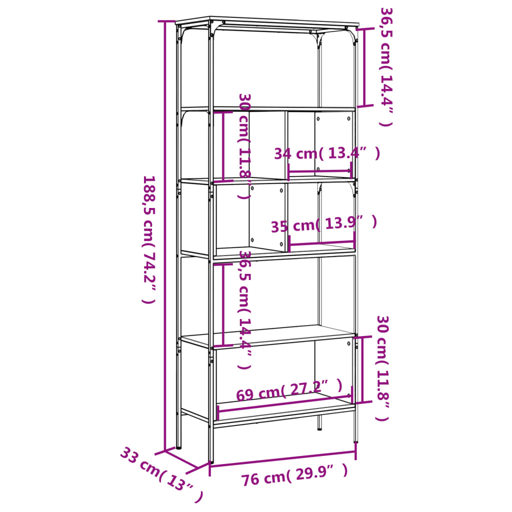 vidaXL Bokhylla 5 hyllplan brun ek 76x33x188,5 cm konstruerat trä