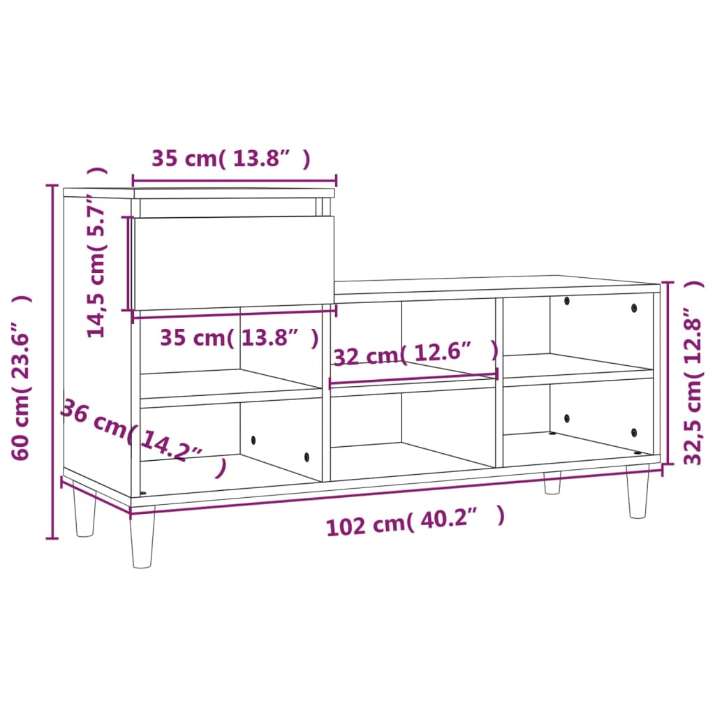 vidaXL Skohylla sonoma-ek 102x36x60 cm konstruerat trä