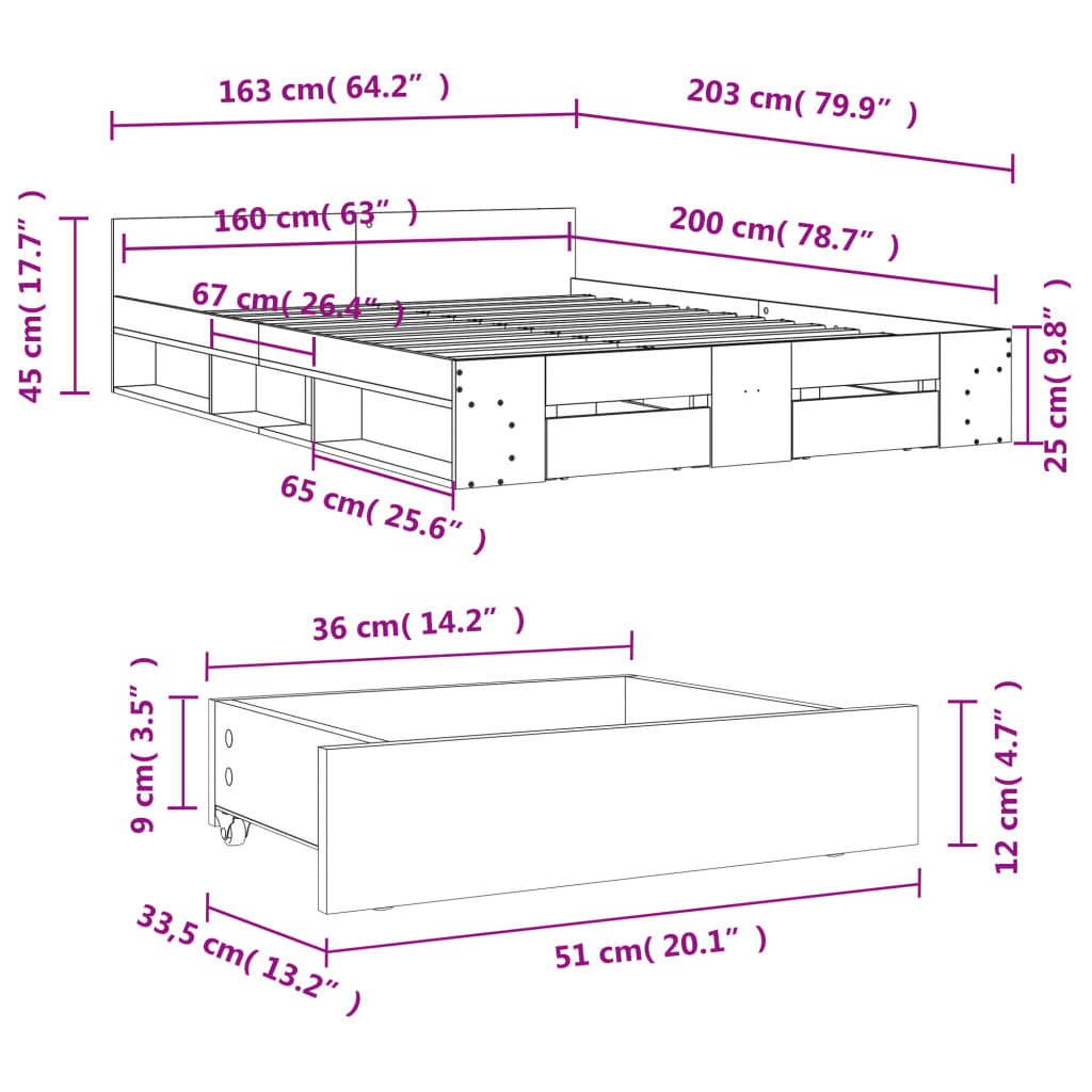 vidaXL Sängram med lådor vit 160x200 cm konstruerat trä