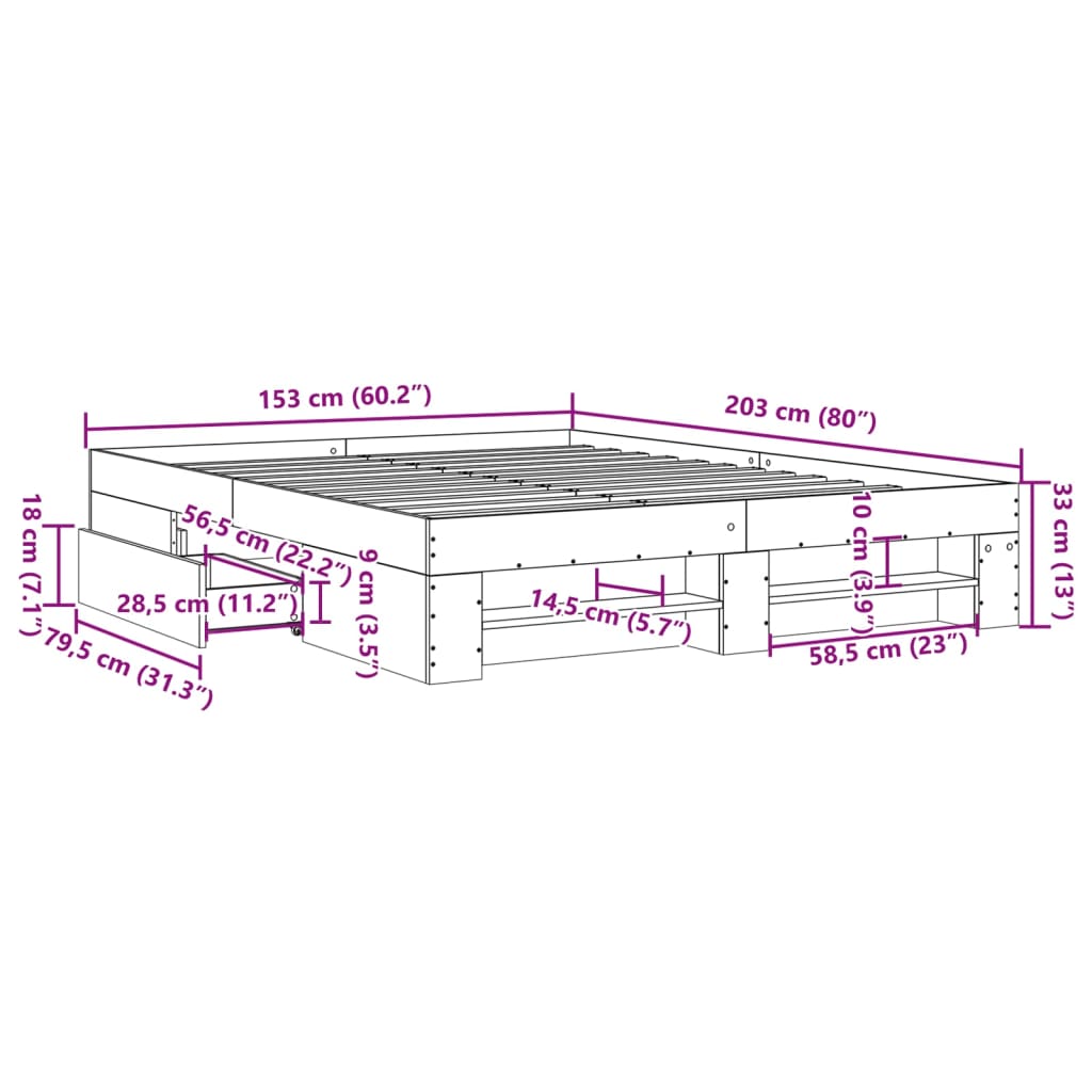 vidaXL Sängram utan madrass sonoma-ek 150x200 cm konstruerad trä