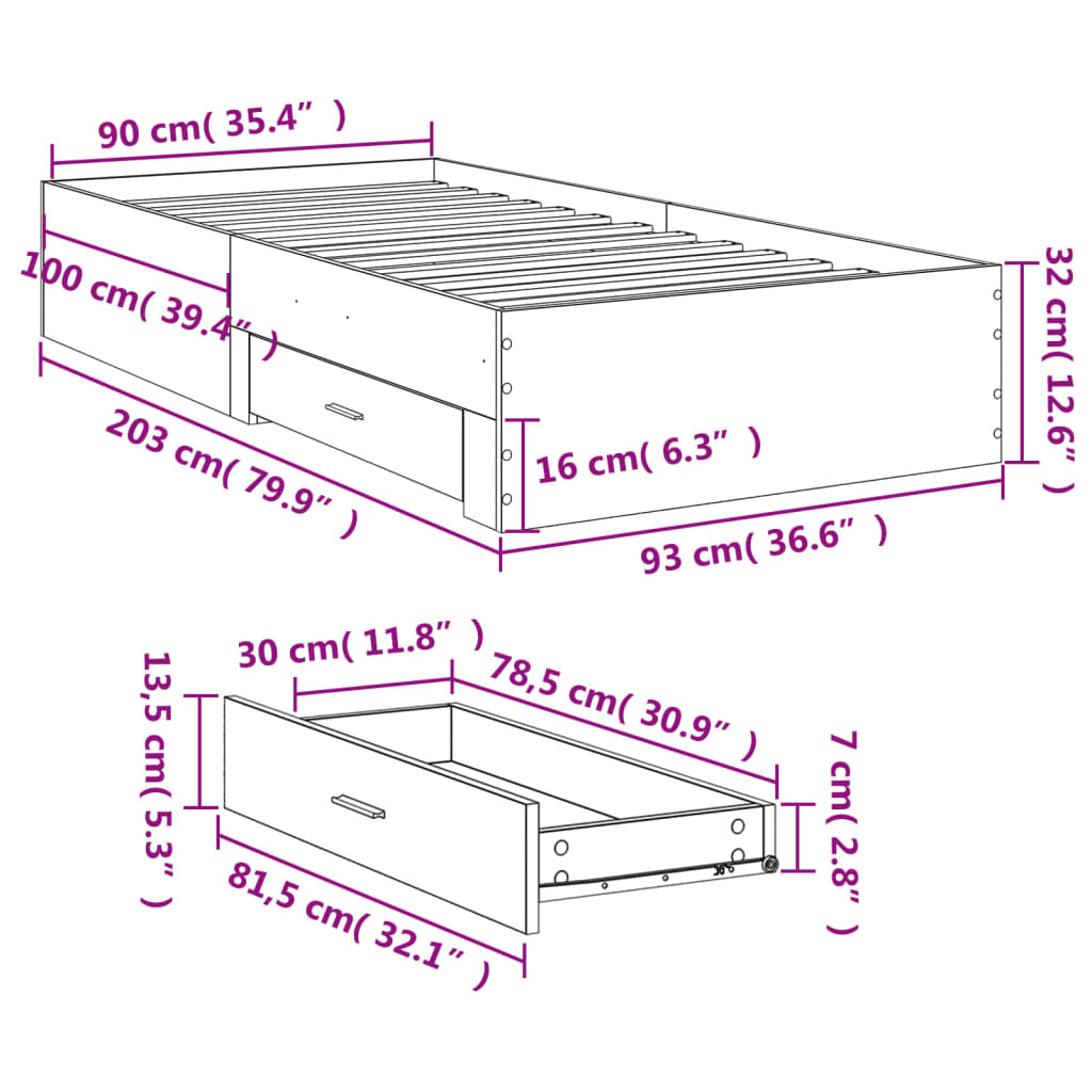 vidaXL Sängram med lådor sonoma-ek 90x200 cm konstruerat trä