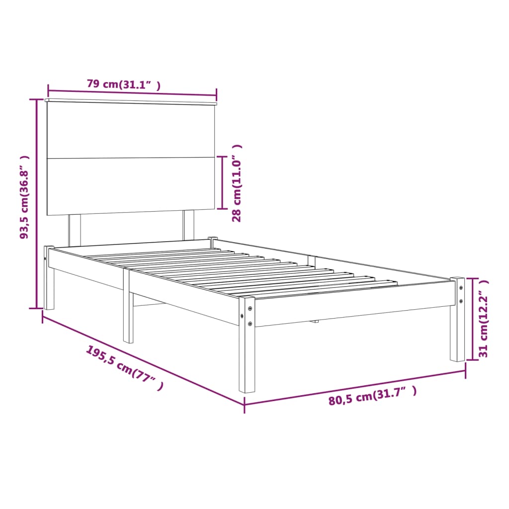 vidaXL Sängram honungsbrun massiv furu 75x190 cm