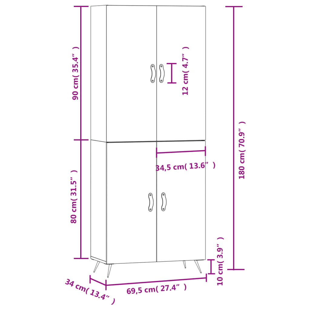 vidaXL Högskåp betonggrå 69,5x34x180 cm konstruerat trä