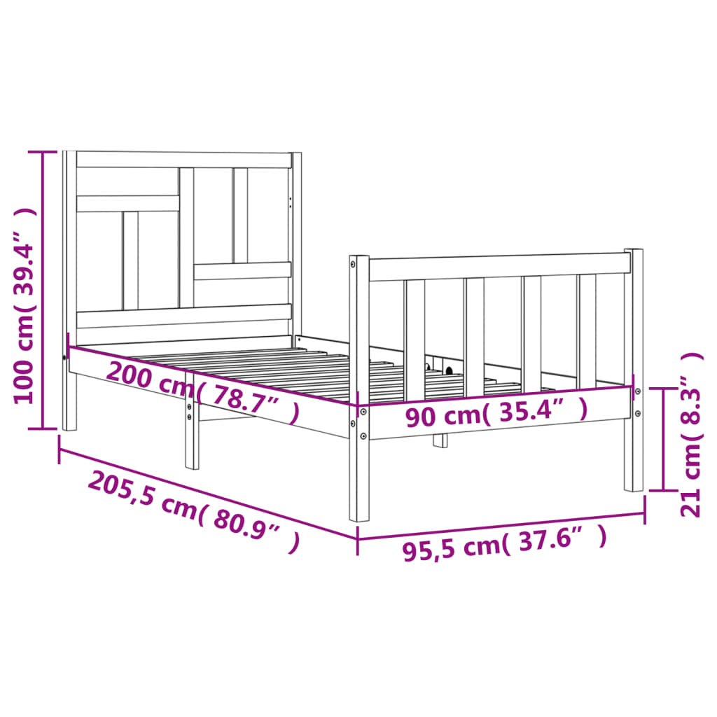 vidaXL Sängram med huvudgavel vit 90x200 cm massivt trä