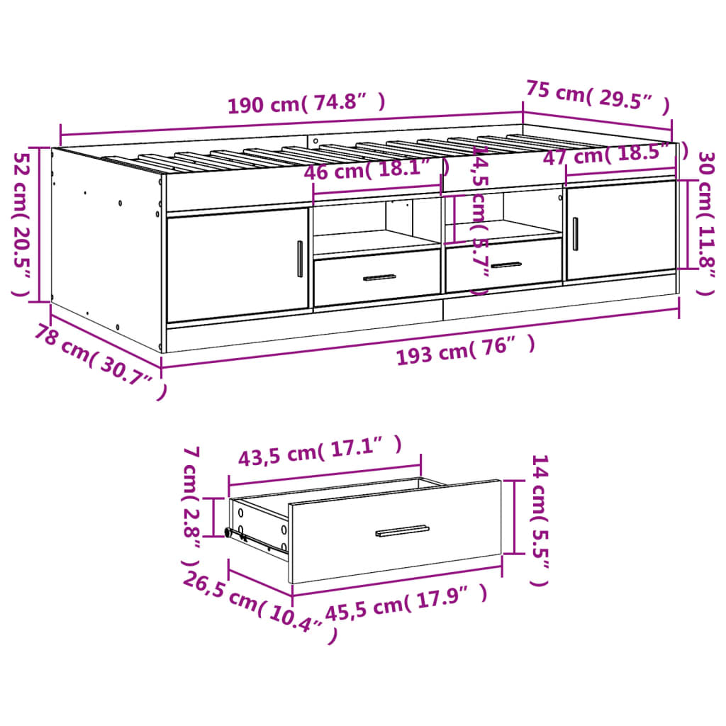 vidaXL Dagbädd med lådor utan madrass rökfärgad ek 75x190 cm