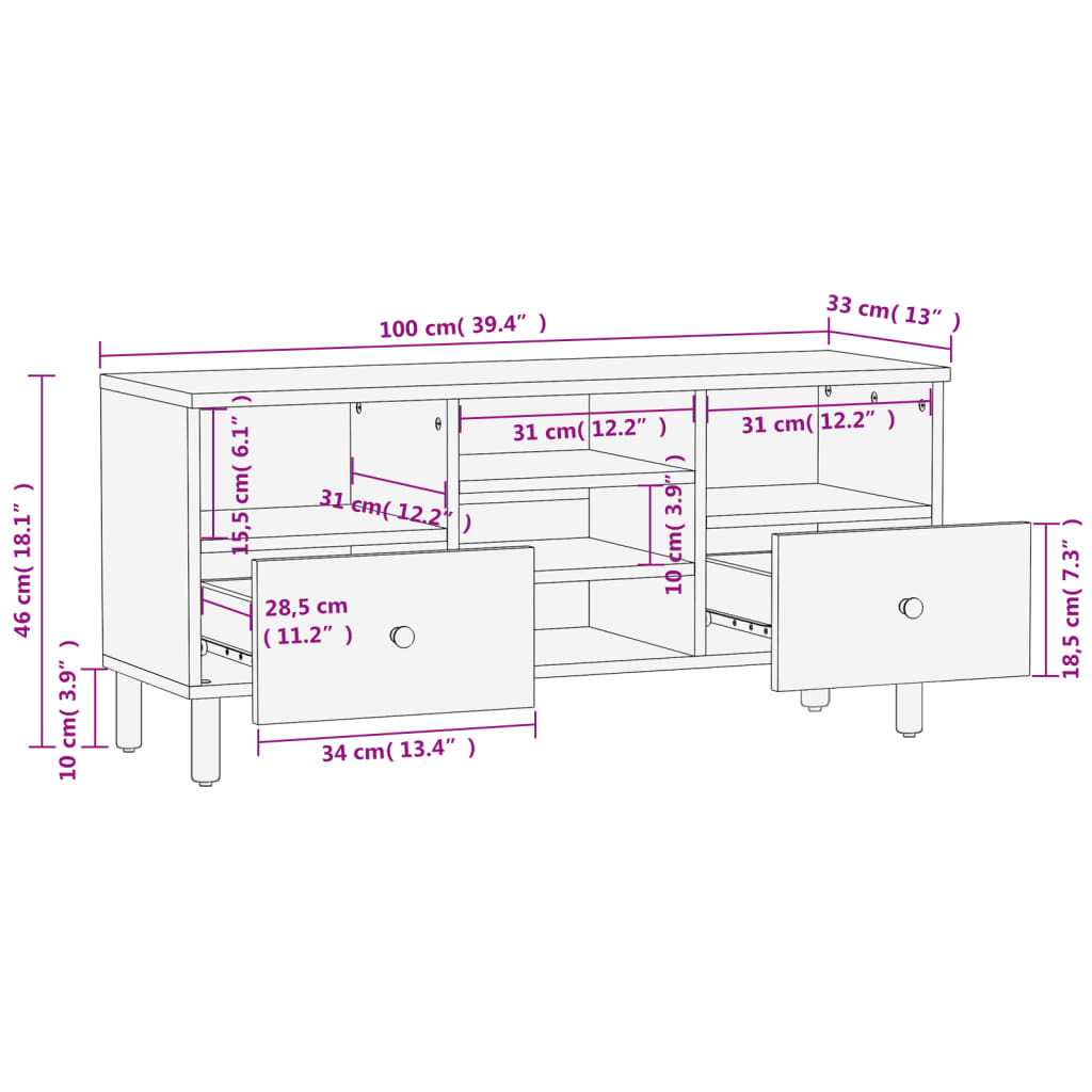 vidaXL Tv-bänk svart 100x33x46 cm massivt mangoträ