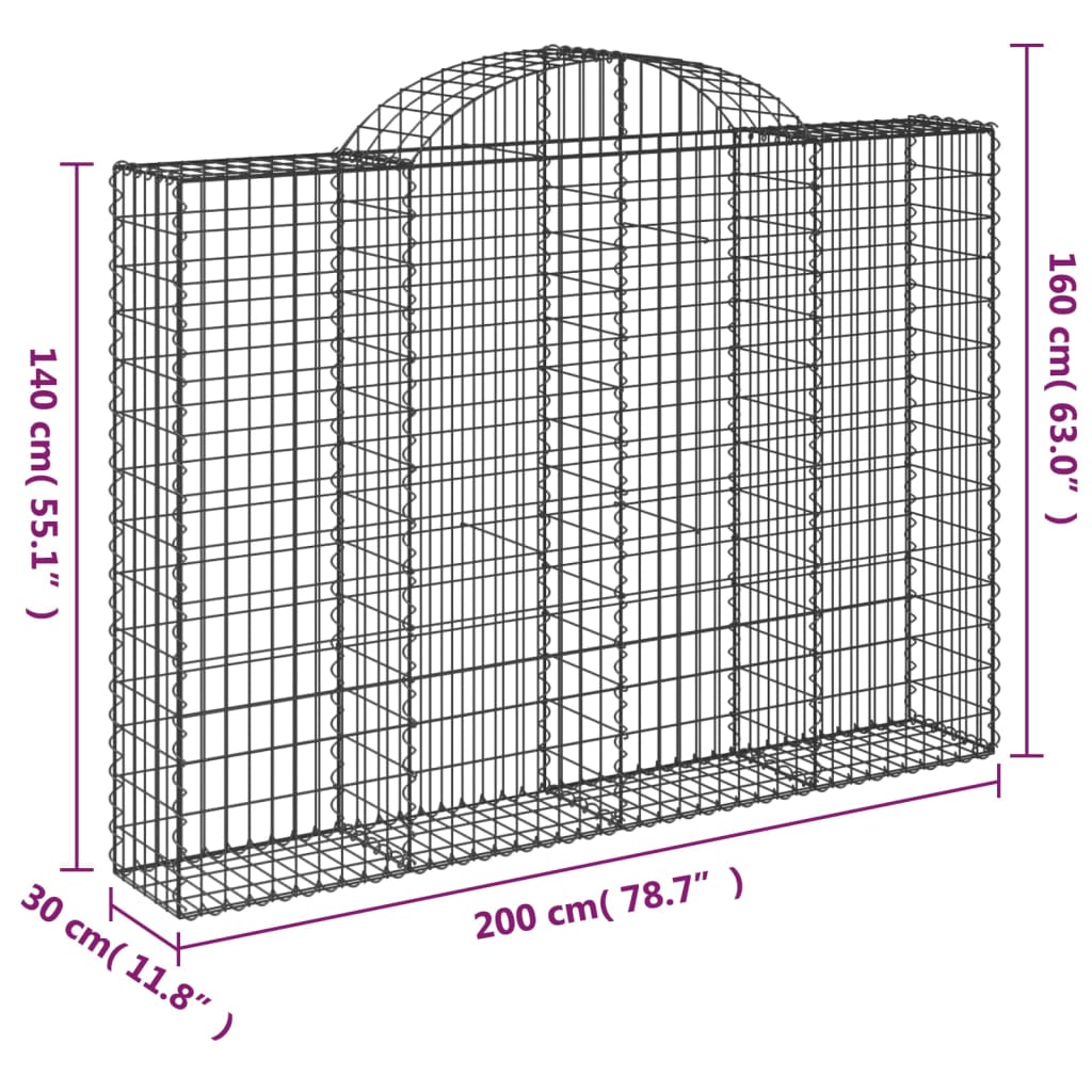 vidaXL Gabioner bågformade 15 st 200x30x140/160 cm galvaniserat järn