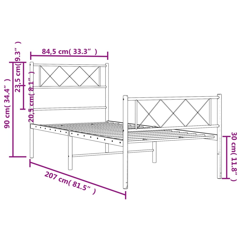 vidaXL Sängram med huvudgavel och fotgavel vit metall 80x200 cm