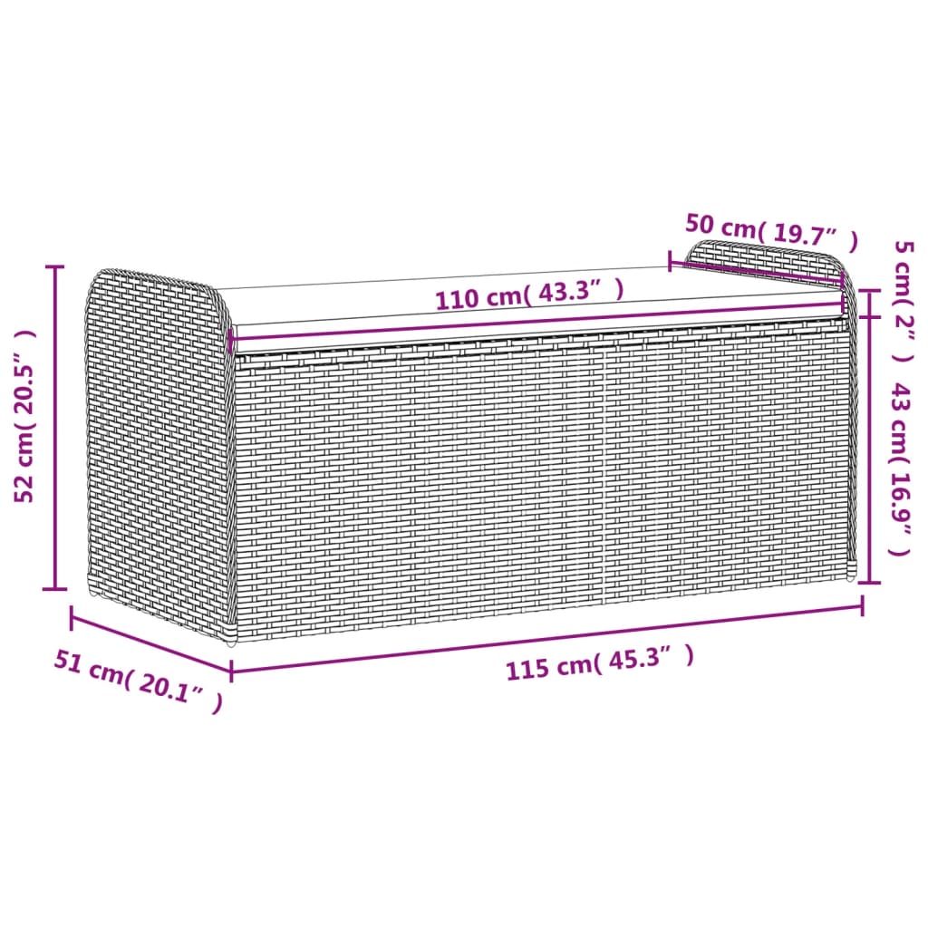 vidaXL Förvaringsbänk med dyna brun 115x51x52 cm konstrotting