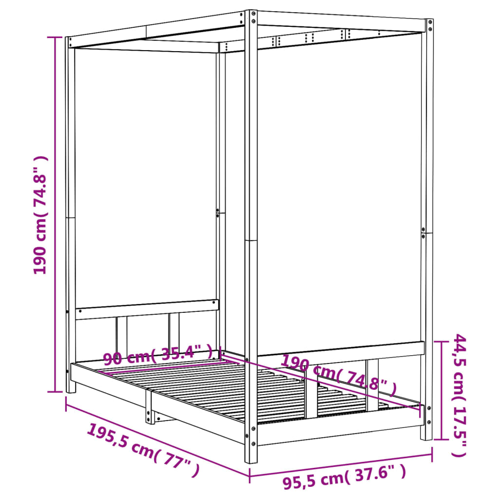 vidaXL Sängram för barn svart 90x190 cm massiv furu