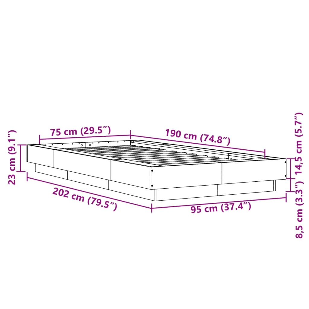 vidaXL Sängram med LEDs sonoma-ek 75x190 cm konstruerat trä