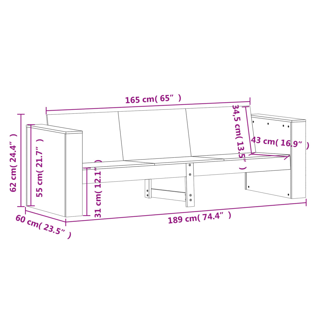 vidaXL Trädgårdssoffa 3-sits vit 189x60x62 cm massiv furu