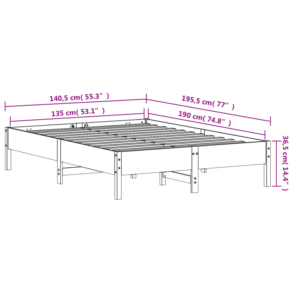 vidaXL Sängram utan madrass vaxbrun 135x190 cm massiv furu