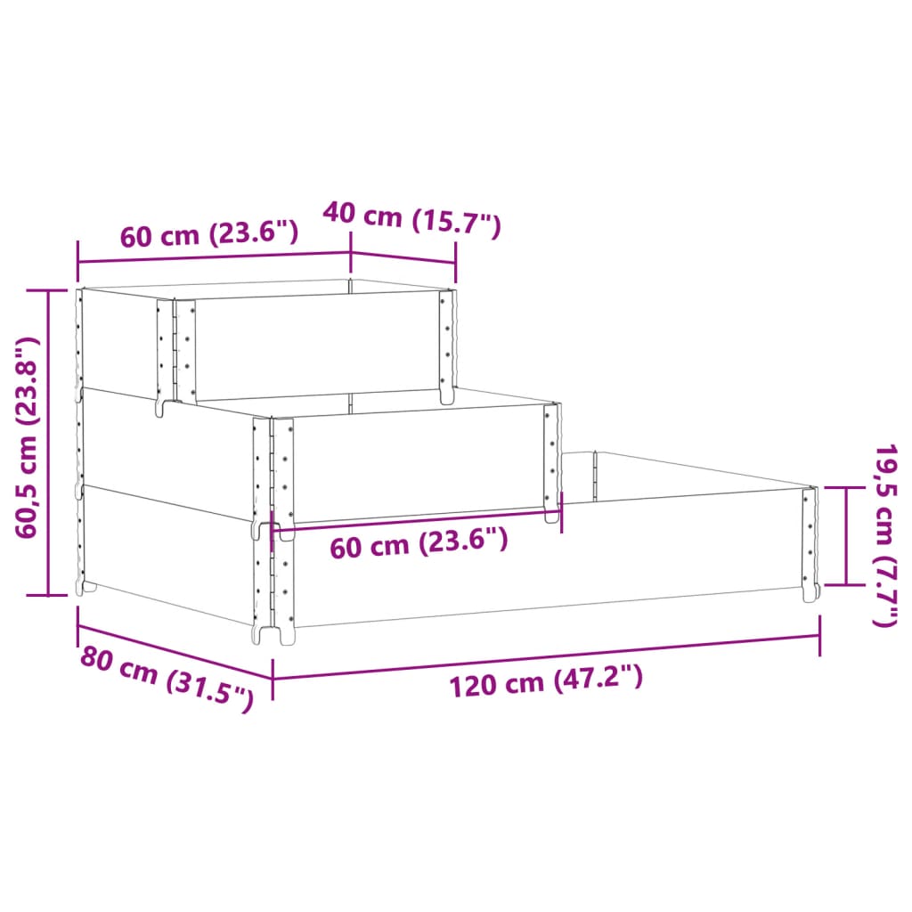 vidaXL Pallkrage 3 nivåer svart 120x80 cm massiv furu