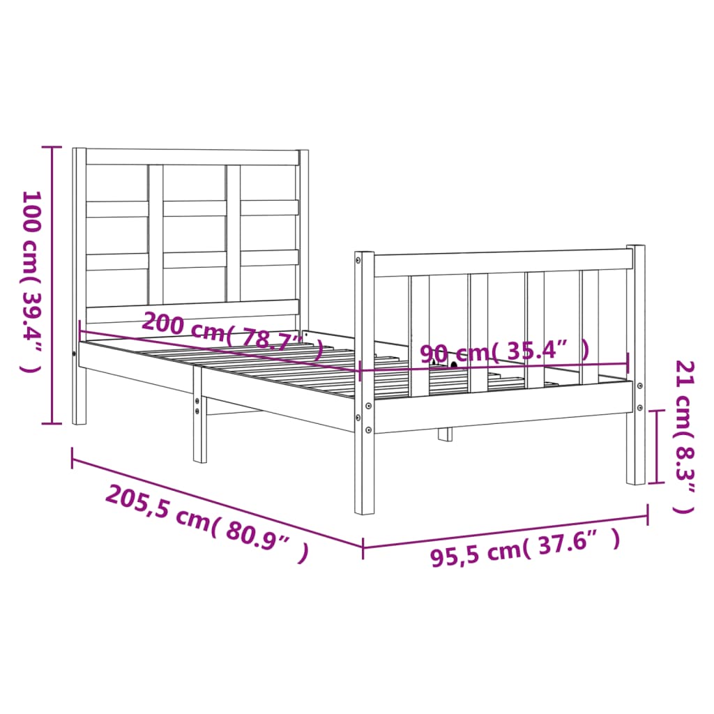 vidaXL Sängram med huvudgavel 90x200 cm massivt trä