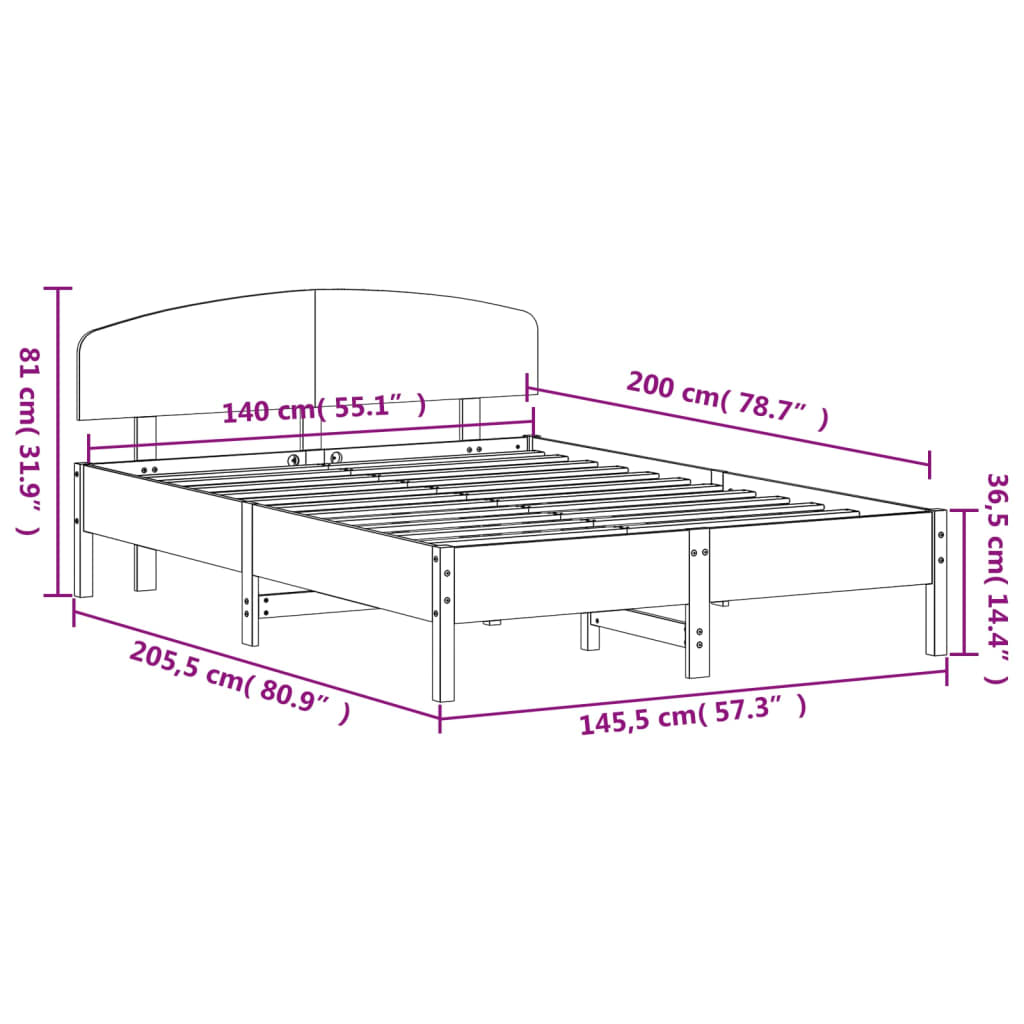 vidaXL Sängram utan madrass vit 140x200 cm massiv furu