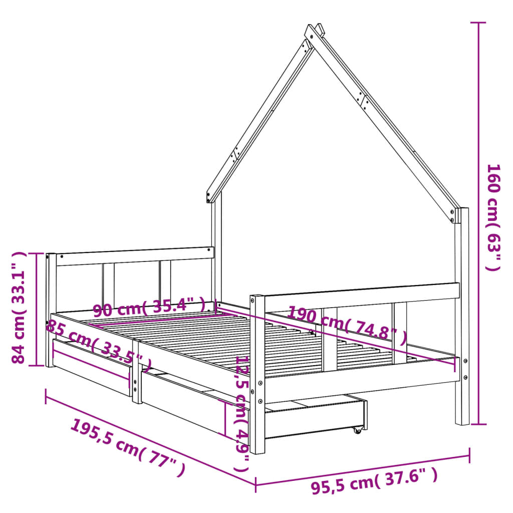 vidaXL Sängram med lådor för barn 90x190 cm massiv furu