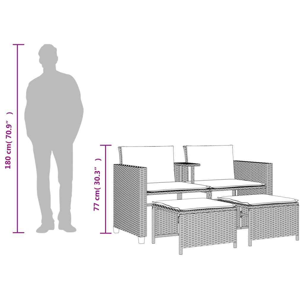 vidaXL Trädgårdssoffa 2-sits med bord och pallar ljusgrå konstrotting