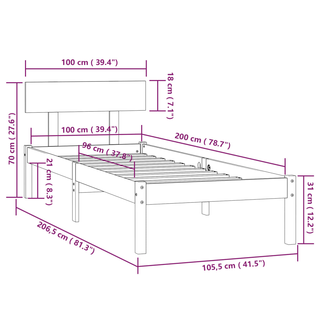 vidaXL Sängram svart massiv furu 100x200 cm