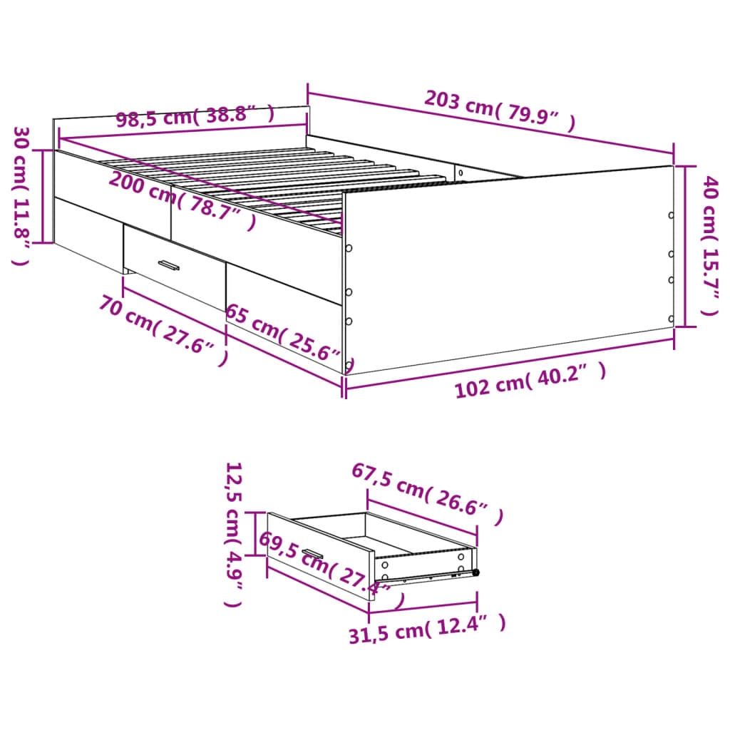 vidaXL Sängram med lådor sonoma-ek 100x200 cm konstruerat trä