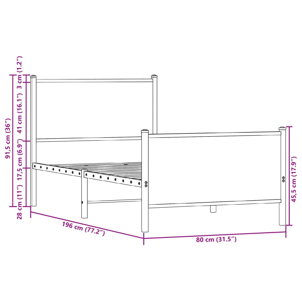 vidaXL Sängram utan madrass metall rökfärgad ek 75x190 cm