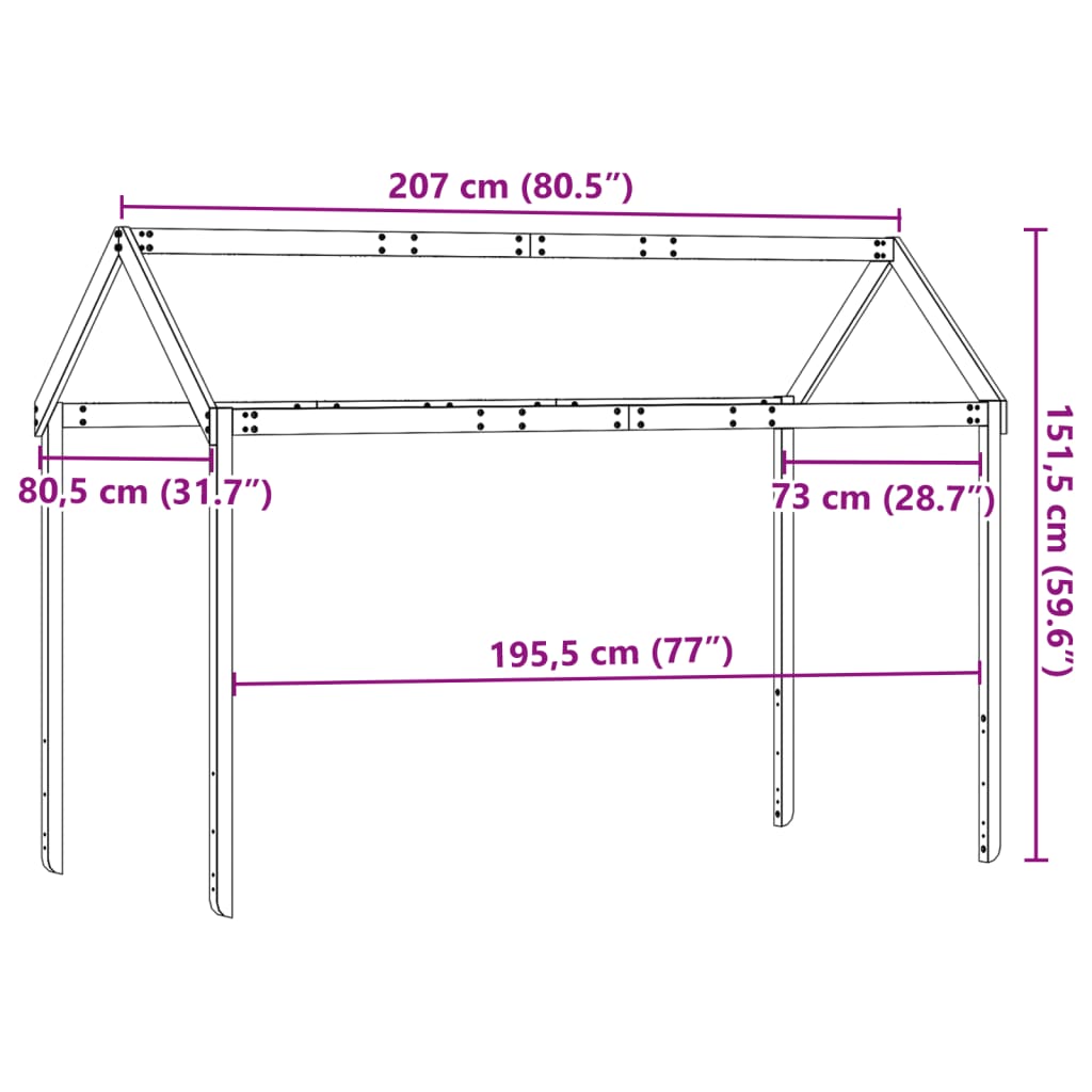 vidaXL Tak till barnsäng vit 207x80,5x151,5 cm massiv furu