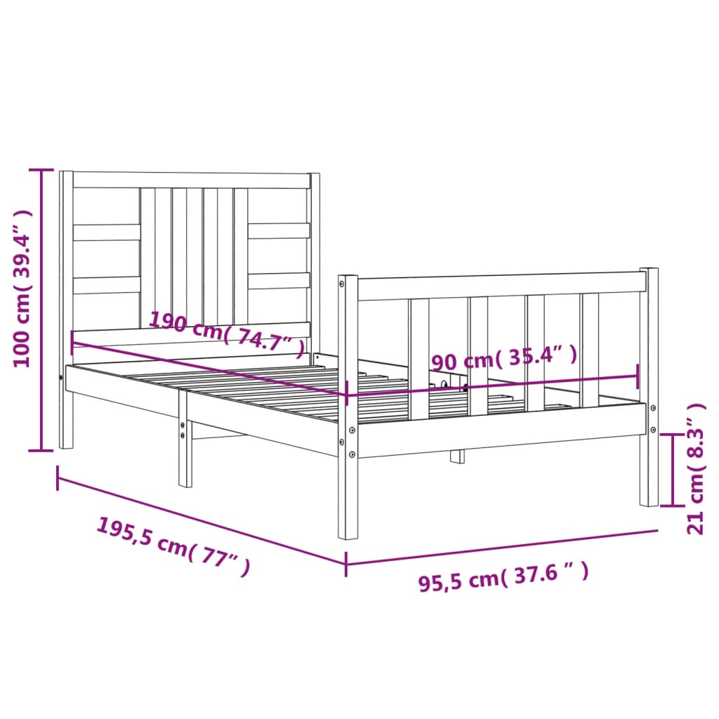 vidaXL Sängram med sänggavel vit 90x190 cm massivt trä