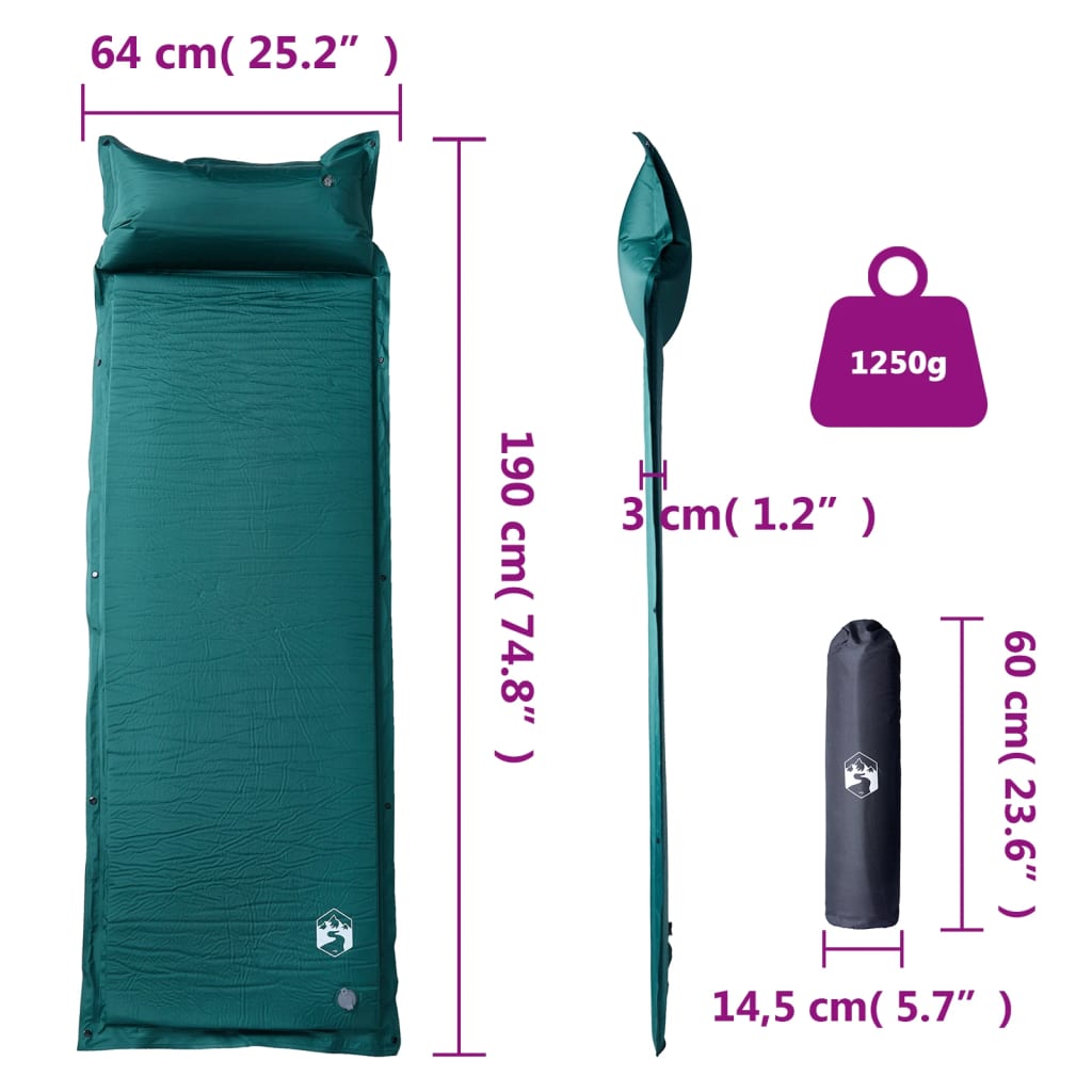 vidaXL Självuppblåsande campingmadrass med kudde 1 person grön