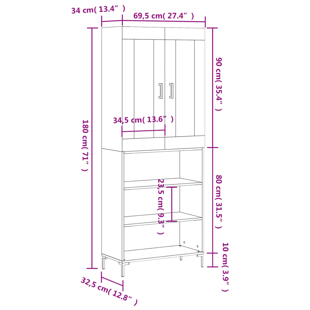 vidaXL Högskåp vit 69,5x34x180 cm konstruerat trä