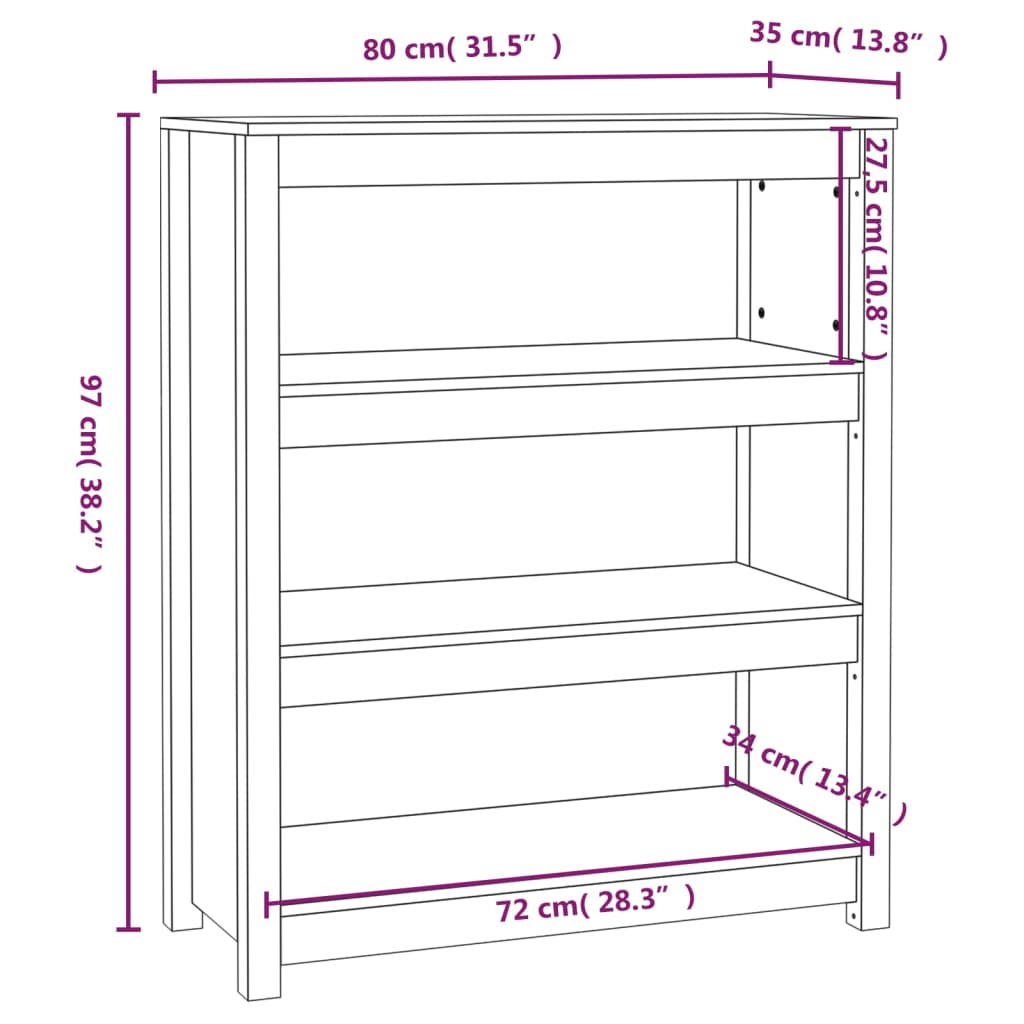 vidaXL Bokhylla svart 80x35x97 cm massiv furu