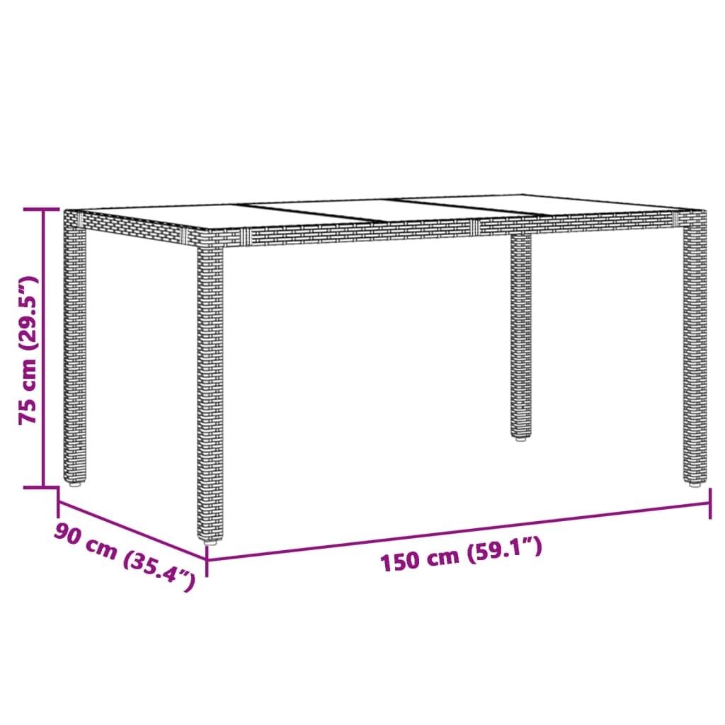 vidaXL Trädgårdsbord med glasskiva grå 150x90x75 cm konstrotting