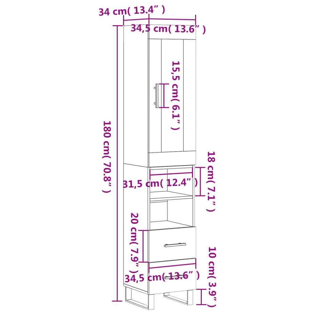 vidaXL Högskåp vit 34,5x34x180 cm konstruerat trä