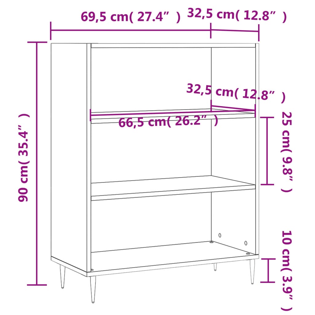 vidaXL Bokhylla vit 69,5x32,5x90 cm konstruerat trä