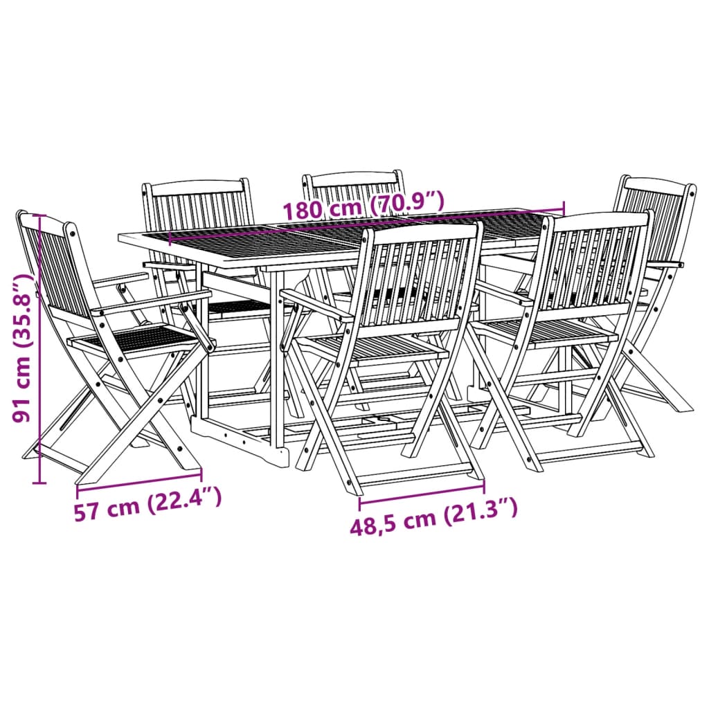 vidaXL Matgrupp för trädgården 7 delar 180x90x75 cm massivt akaciaträ