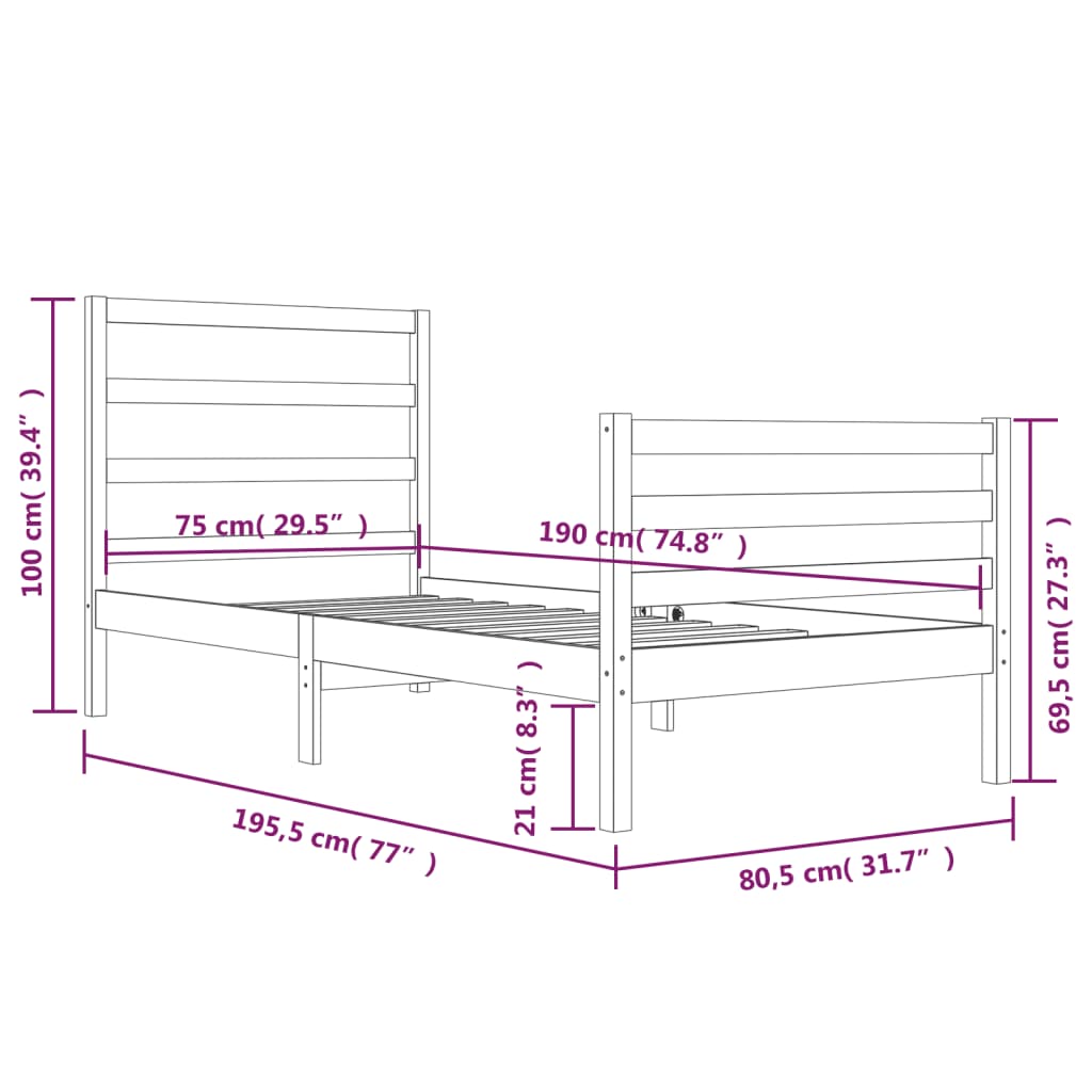 vidaXL Sängram svart massiv furu 75x190 cm