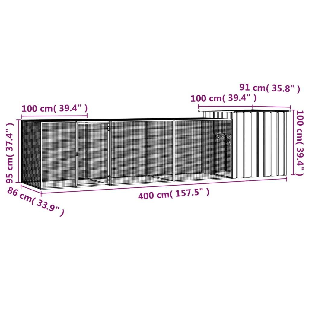 vidaXL Hönsbur antracit 400x91x100 cm galvaniserat stål