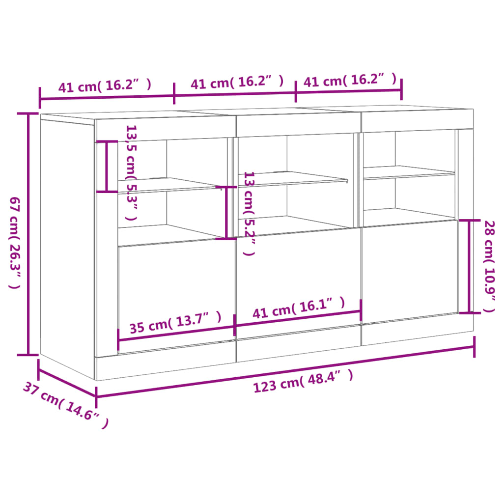 vidaXL Skänk med LED-belysning sonoma-ek 123x37x67 cm