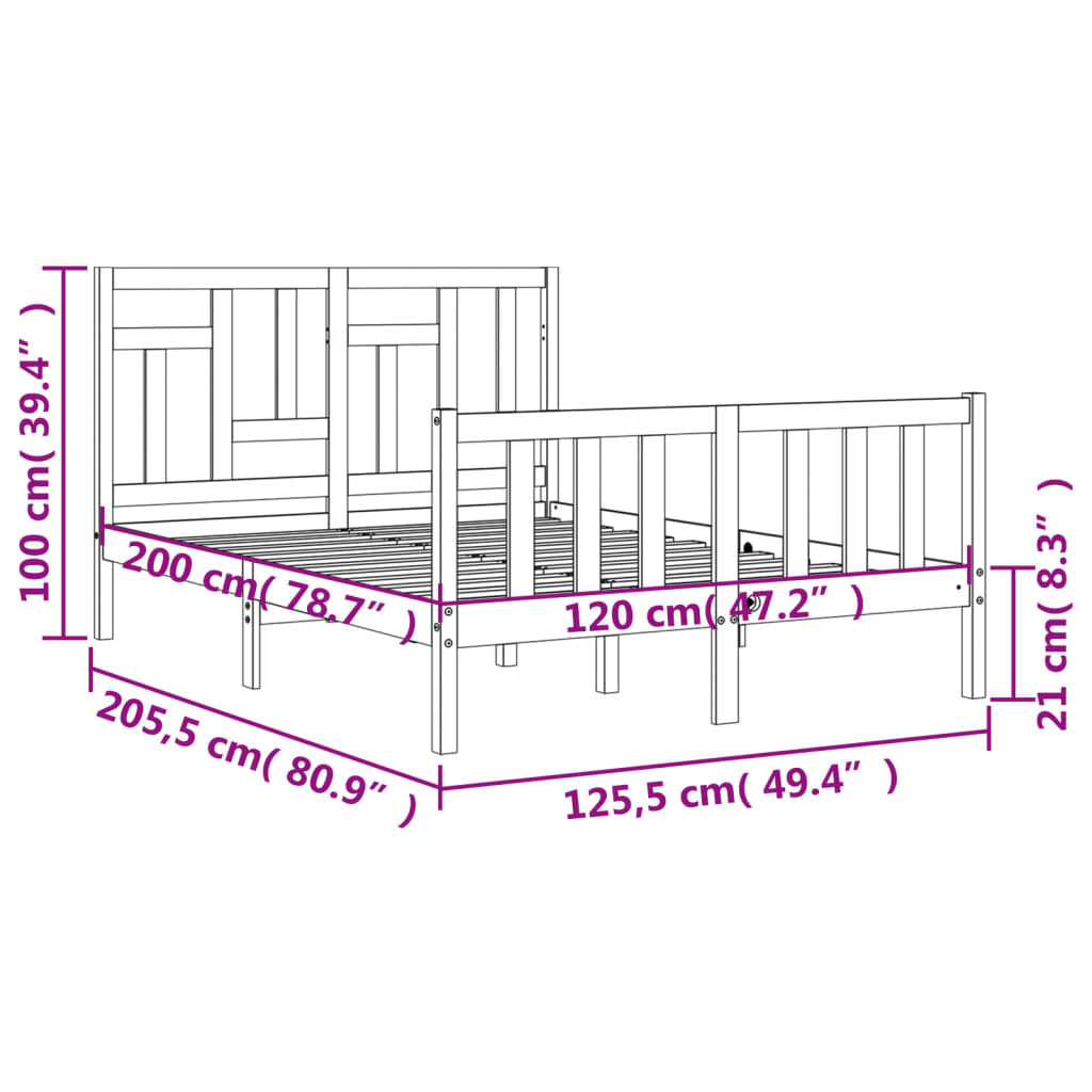 vidaXL Sängram med huvudgavel vit 120x200 cm massivt trä