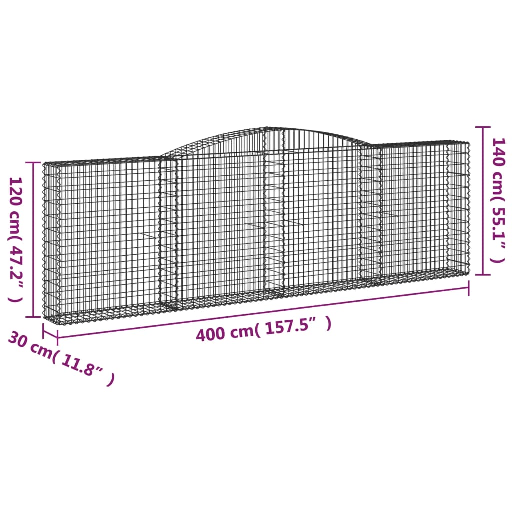 vidaXL Gabioner bågformade 4 st 400x30x120/140 cm galvaniserat järn