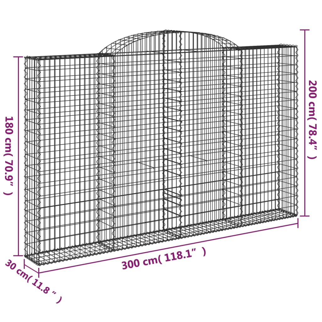 vidaXL Gabion bågformad 300x30x180/200 cm galvaniserat järn